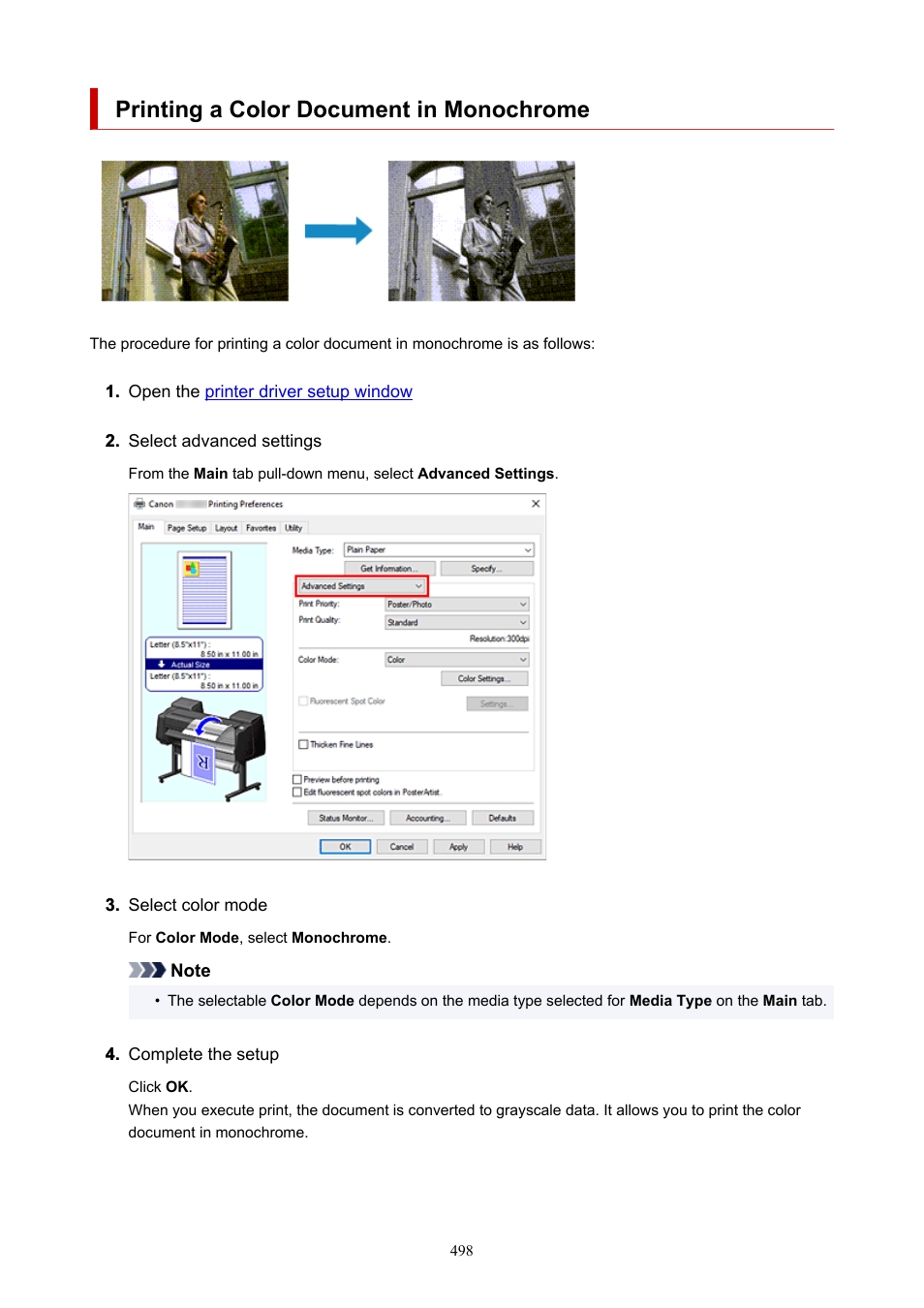 Printing a color document in monochrome | Canon imagePROGRAF GP-4000 User Manual | Page 498 / 1015