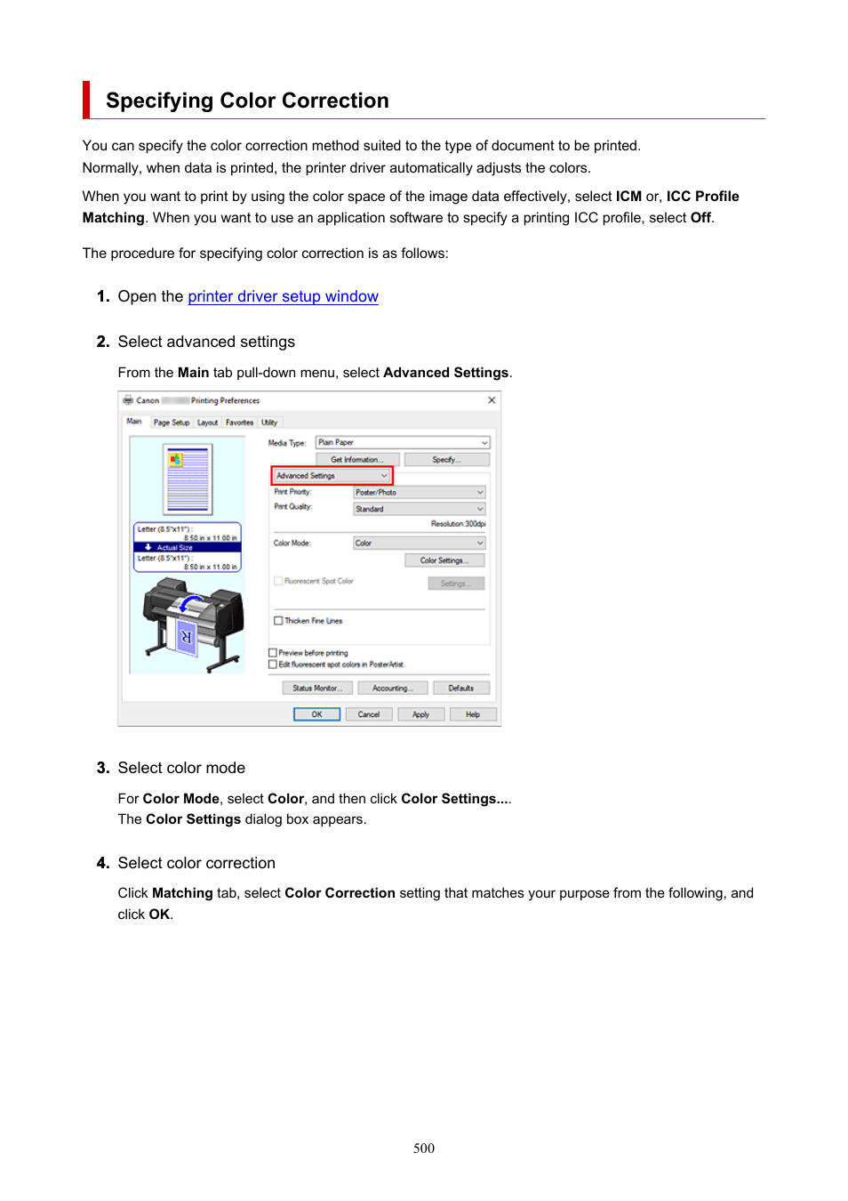 Specifying color correction | Canon imagePROGRAF GP-4000 User Manual | Page 500 / 1015