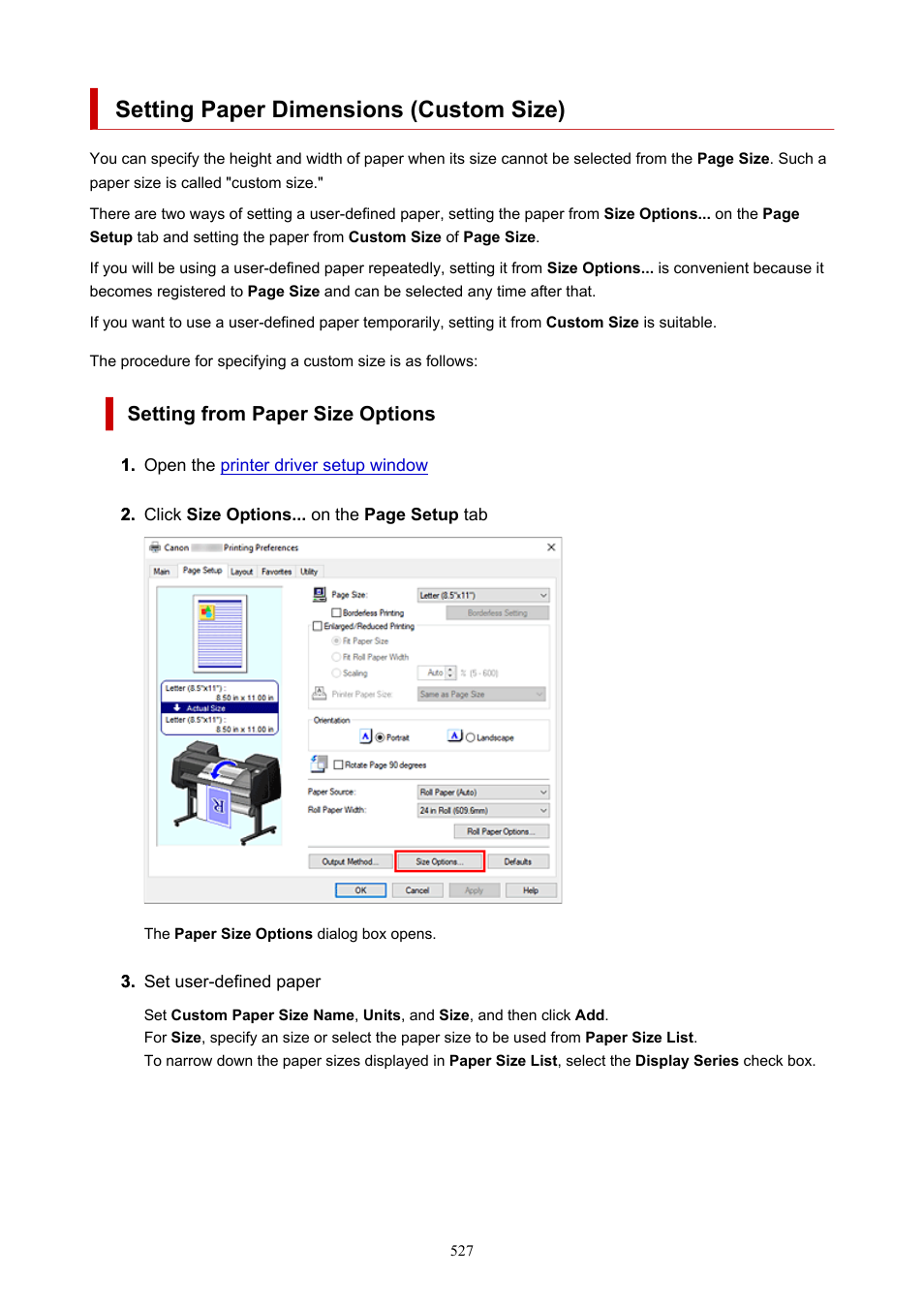 Setting paper dimensions (custom size), Setting from paper size options | Canon imagePROGRAF GP-4000 User Manual | Page 527 / 1015