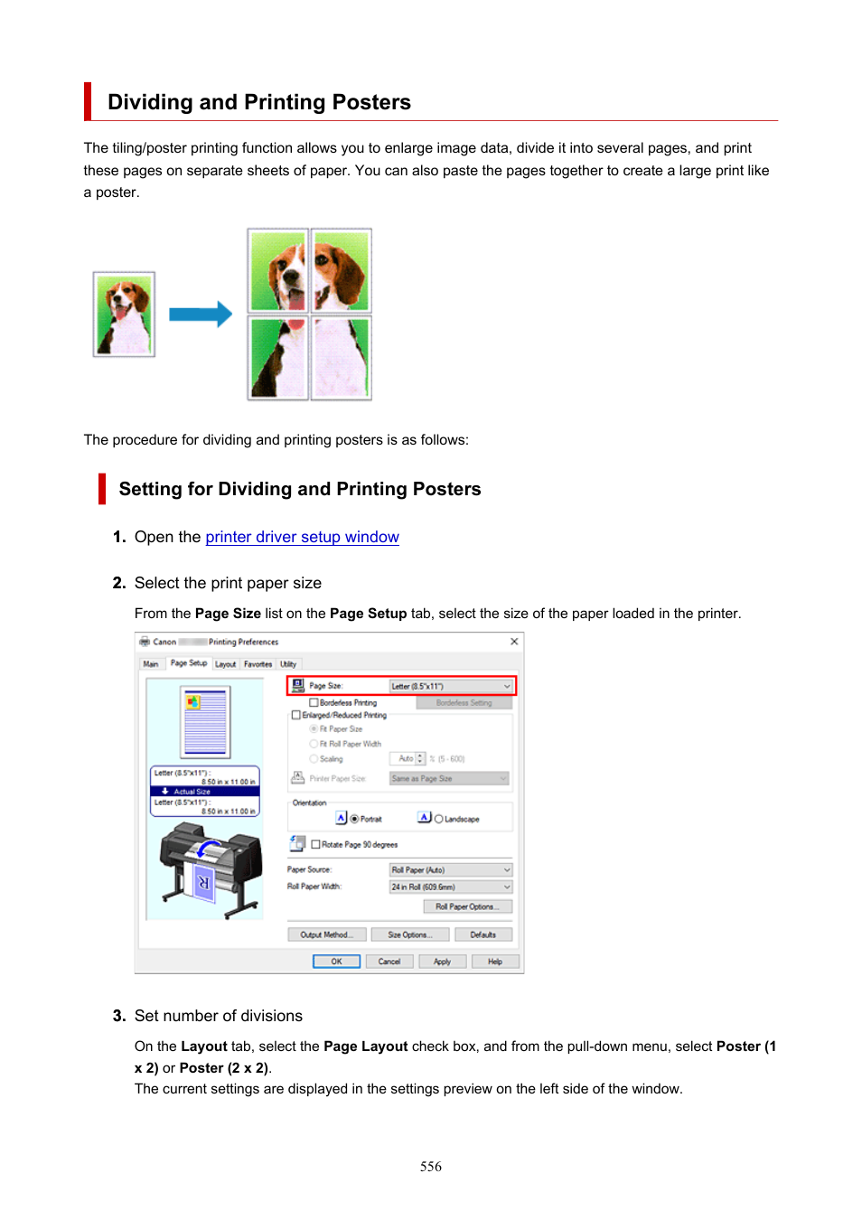 Dividing and printing posters, Setting for dividing and printing posters | Canon imagePROGRAF GP-4000 User Manual | Page 556 / 1015