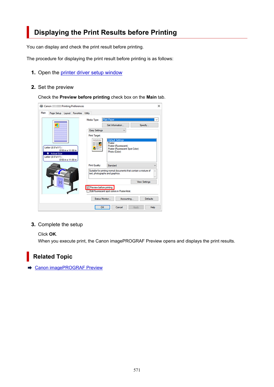 Displaying the print results before printing, Related topic | Canon imagePROGRAF GP-4000 User Manual | Page 571 / 1015