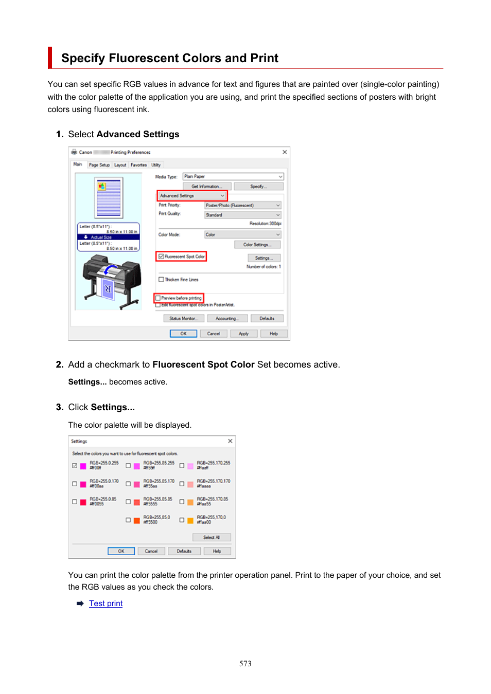 Specify fluorescent colors and print | Canon imagePROGRAF GP-4000 User Manual | Page 573 / 1015