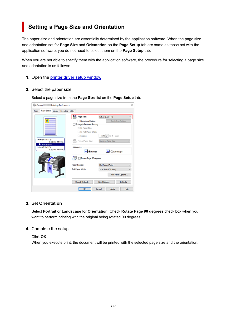 Setting a page size and orientation | Canon imagePROGRAF GP-4000 User Manual | Page 580 / 1015