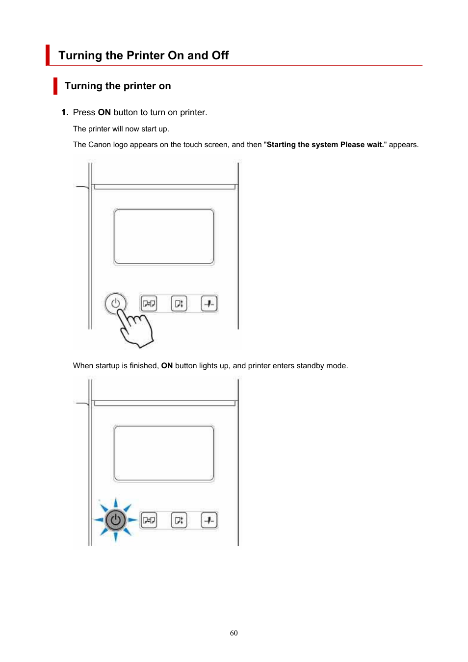 Turning the printer on and off | Canon imagePROGRAF GP-4000 User Manual | Page 60 / 1015