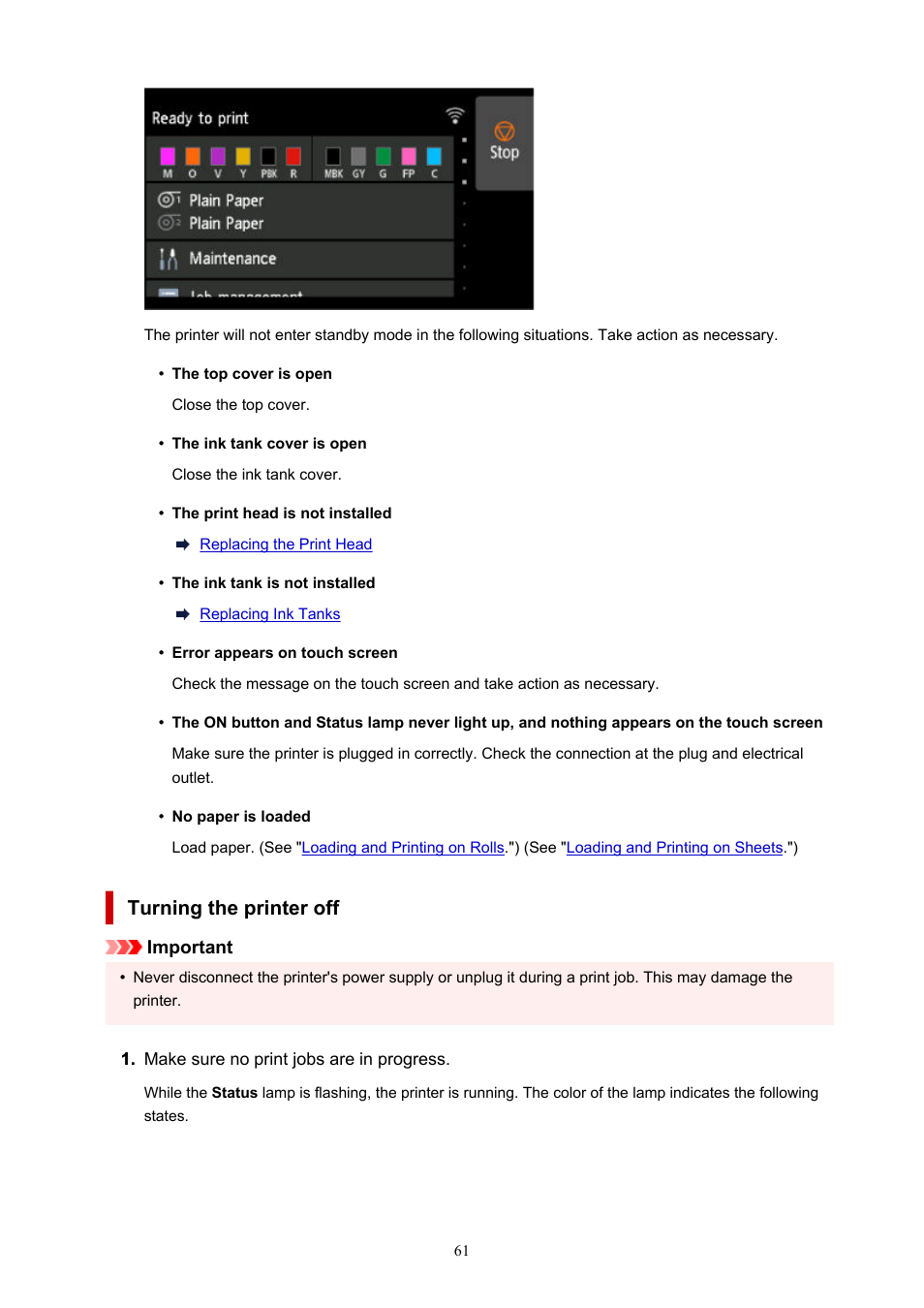 Turning the printer off | Canon imagePROGRAF GP-4000 User Manual | Page 61 / 1015