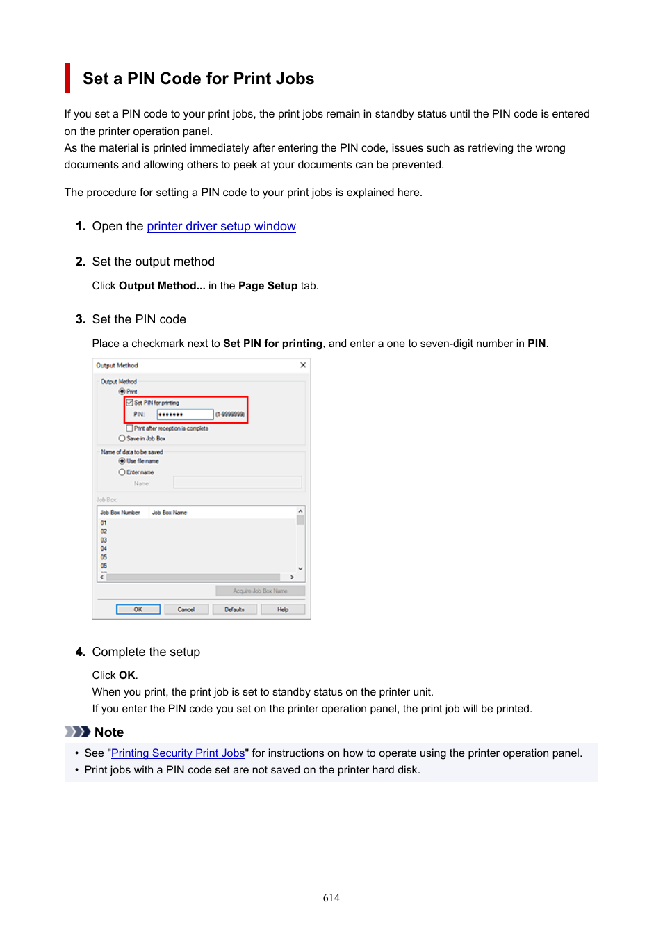 Set a pin code for print jobs | Canon imagePROGRAF GP-4000 User Manual | Page 614 / 1015