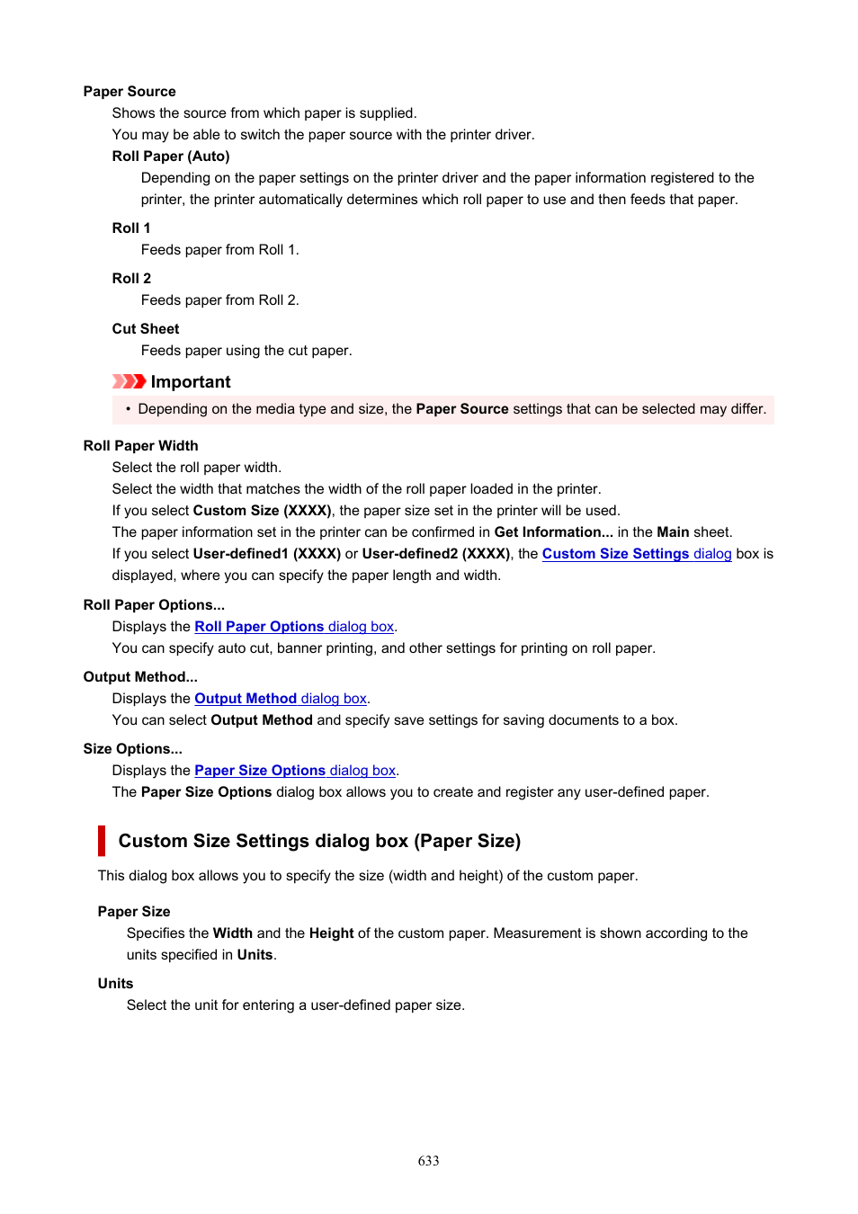 Custom size settings, Dialog box, Custom size settings dialog box (paper size) | Canon imagePROGRAF GP-4000 User Manual | Page 633 / 1015