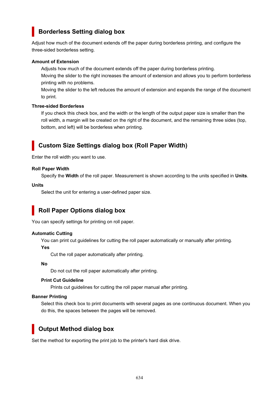 Open the, Borderless setting, Dialog box | Custom size settings, Dialog, Displays the, Roll paper options, Output method, Borderless setting dialog box, Custom size settings dialog box (roll paper width) | Canon imagePROGRAF GP-4000 User Manual | Page 634 / 1015