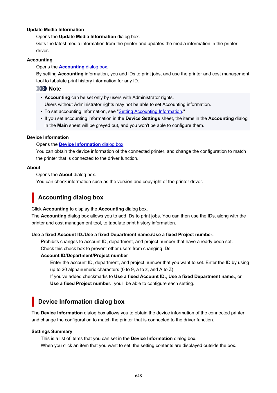 Accounting dialog box, Device information dialog box | Canon imagePROGRAF GP-4000 User Manual | Page 648 / 1015