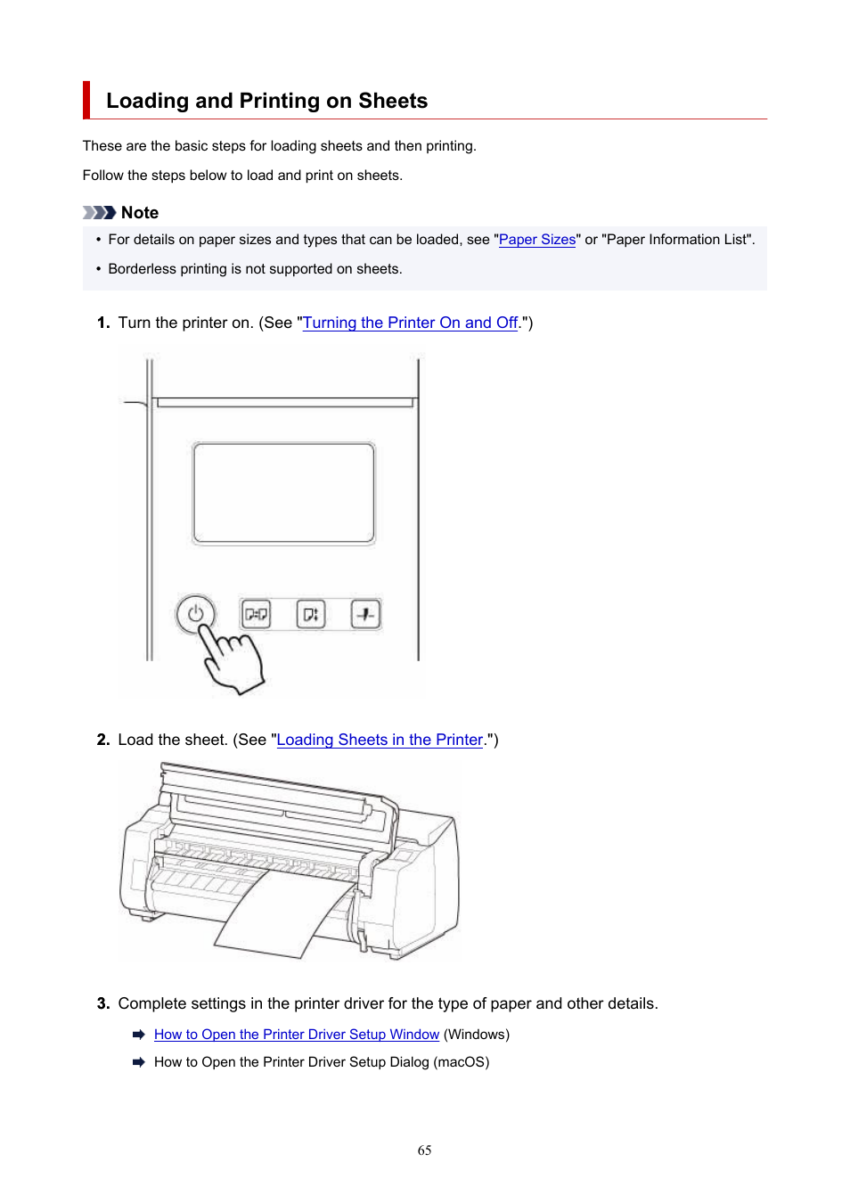 Loading and printing on sheets | Canon imagePROGRAF GP-4000 User Manual | Page 65 / 1015