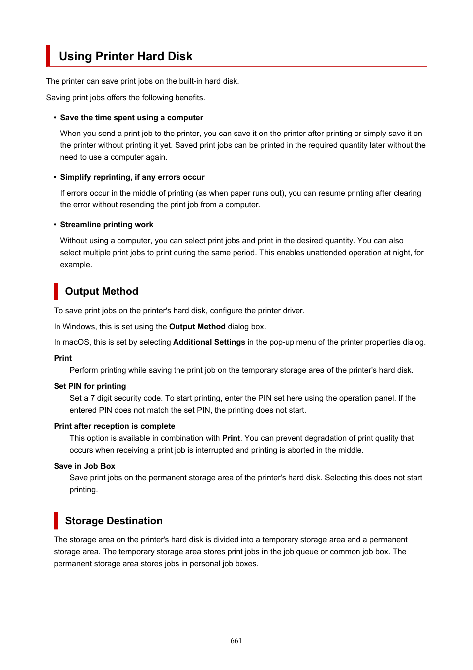 Using printer hard disk, Output method, Storage destination | Canon imagePROGRAF GP-4000 User Manual | Page 661 / 1015