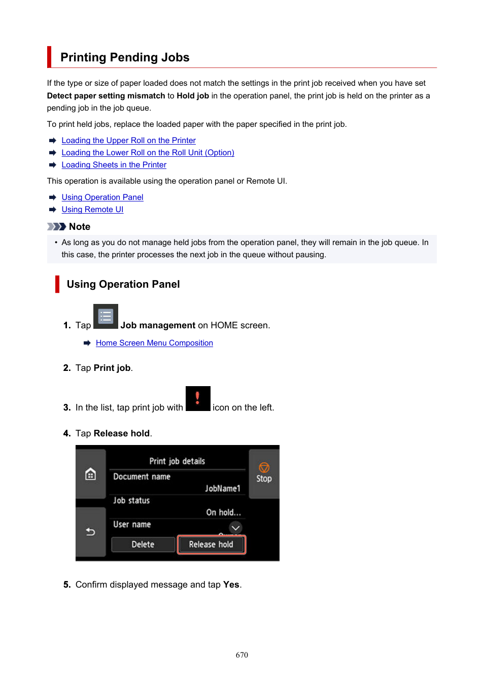 Printing pending jobs, Icon (pending print job), see | Canon imagePROGRAF GP-4000 User Manual | Page 670 / 1015