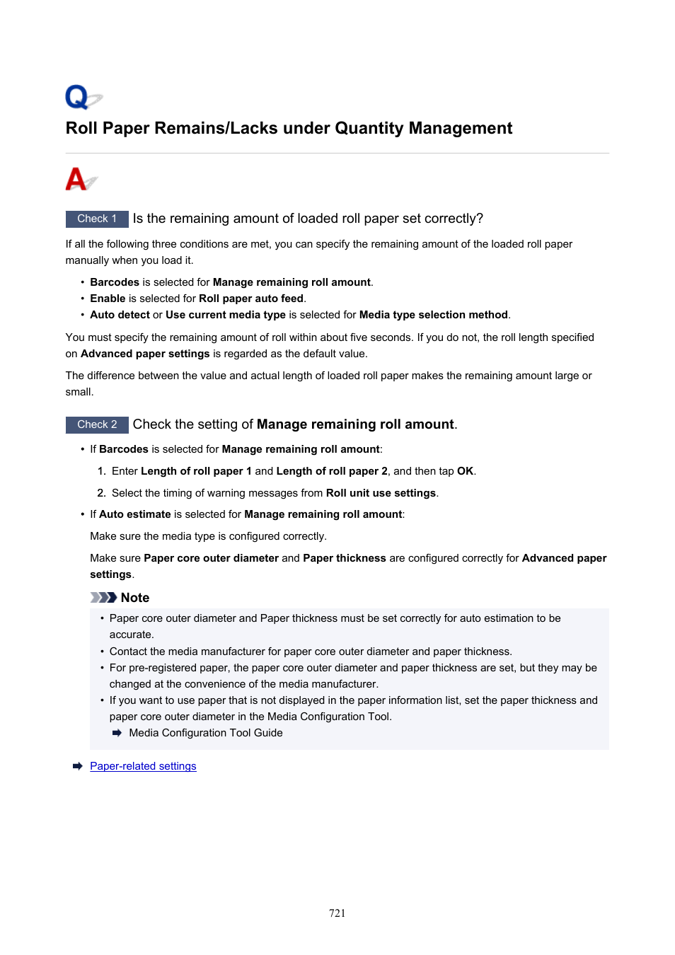 Roll paper remains/lacks under quantity management, Check the setting of manage remaining roll amount | Canon imagePROGRAF GP-4000 User Manual | Page 721 / 1015