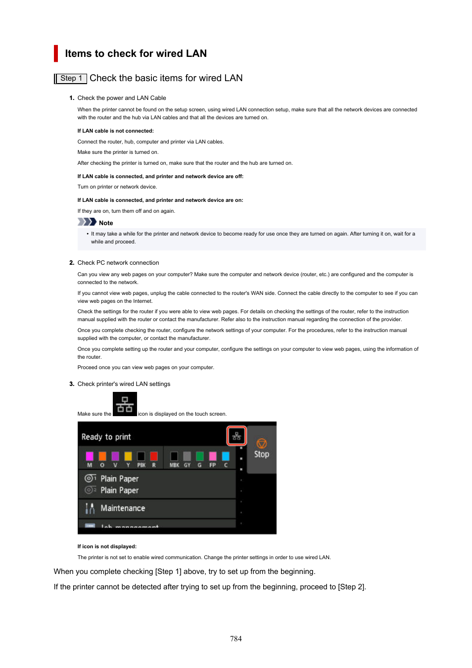 Items to check for wired lan, Check the basic items for wired lan | Canon imagePROGRAF GP-4000 User Manual | Page 784 / 1015