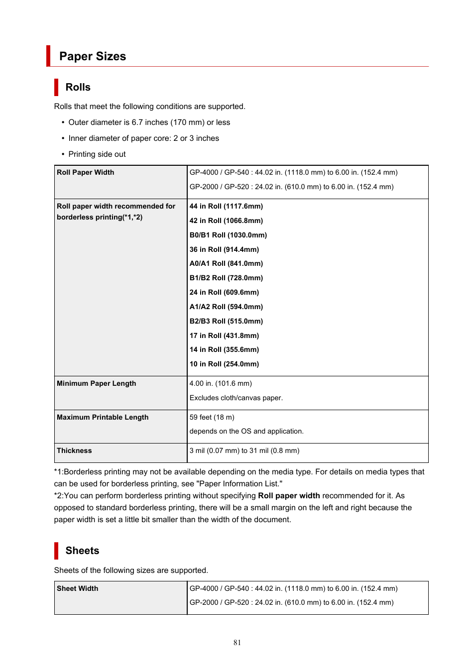 Paper sizes, Or "paper information list, Rolls | Sheets | Canon imagePROGRAF GP-4000 User Manual | Page 81 / 1015