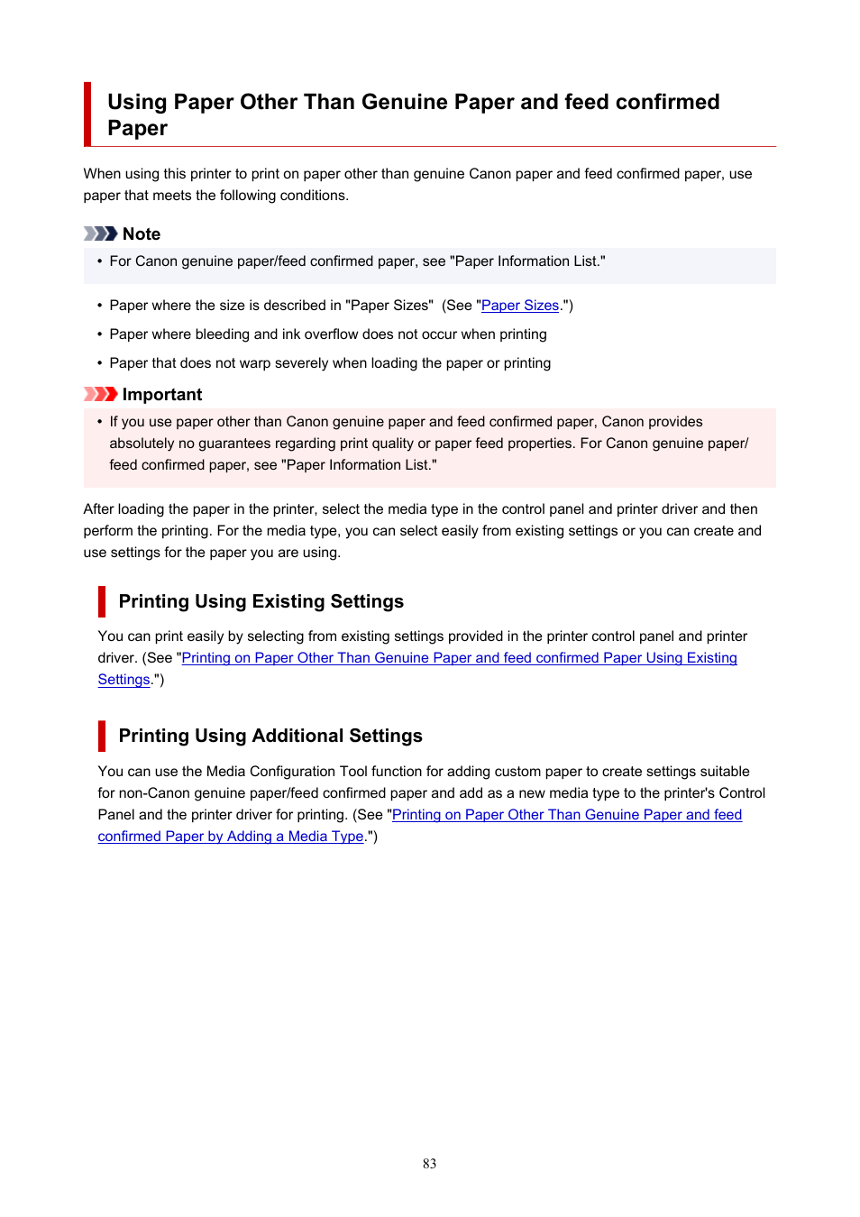 Using paper other than, Genuine paper and feed confirmed paper | Canon imagePROGRAF GP-4000 User Manual | Page 83 / 1015