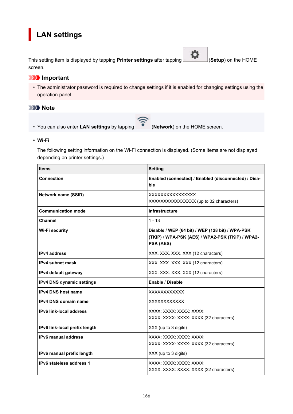 Lan settings, Network), Important | Canon imagePROGRAF GP-300 User Manual | Page 166 / 841