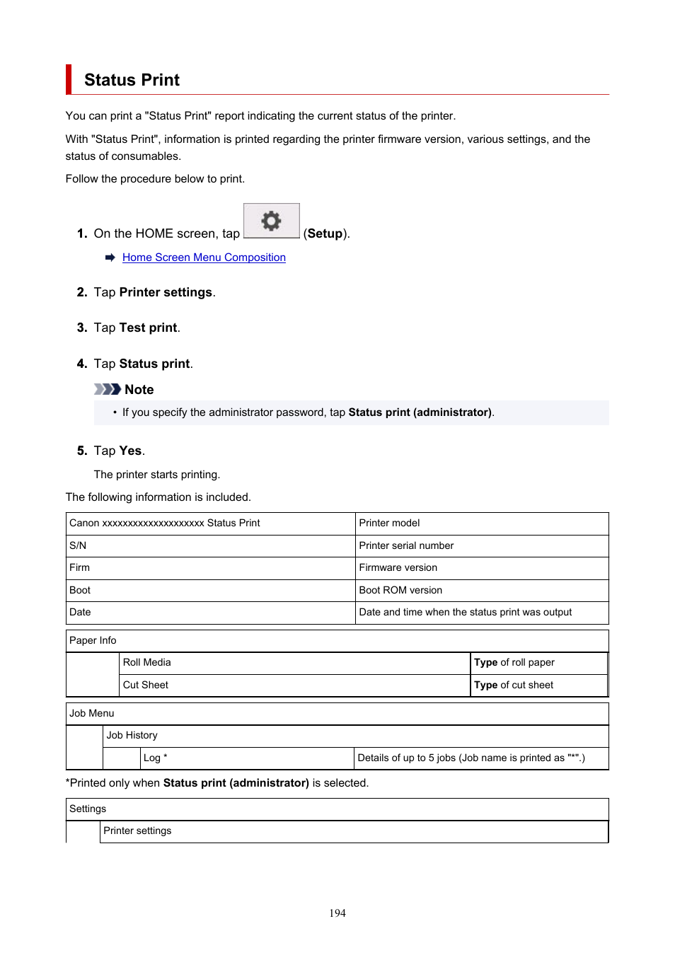 Status print | Canon imagePROGRAF GP-300 User Manual | Page 194 / 841