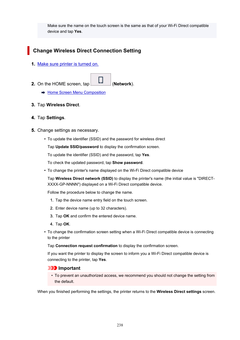 Compatible device, see, Change wireless direct connection setting | Canon imagePROGRAF GP-300 User Manual | Page 238 / 841