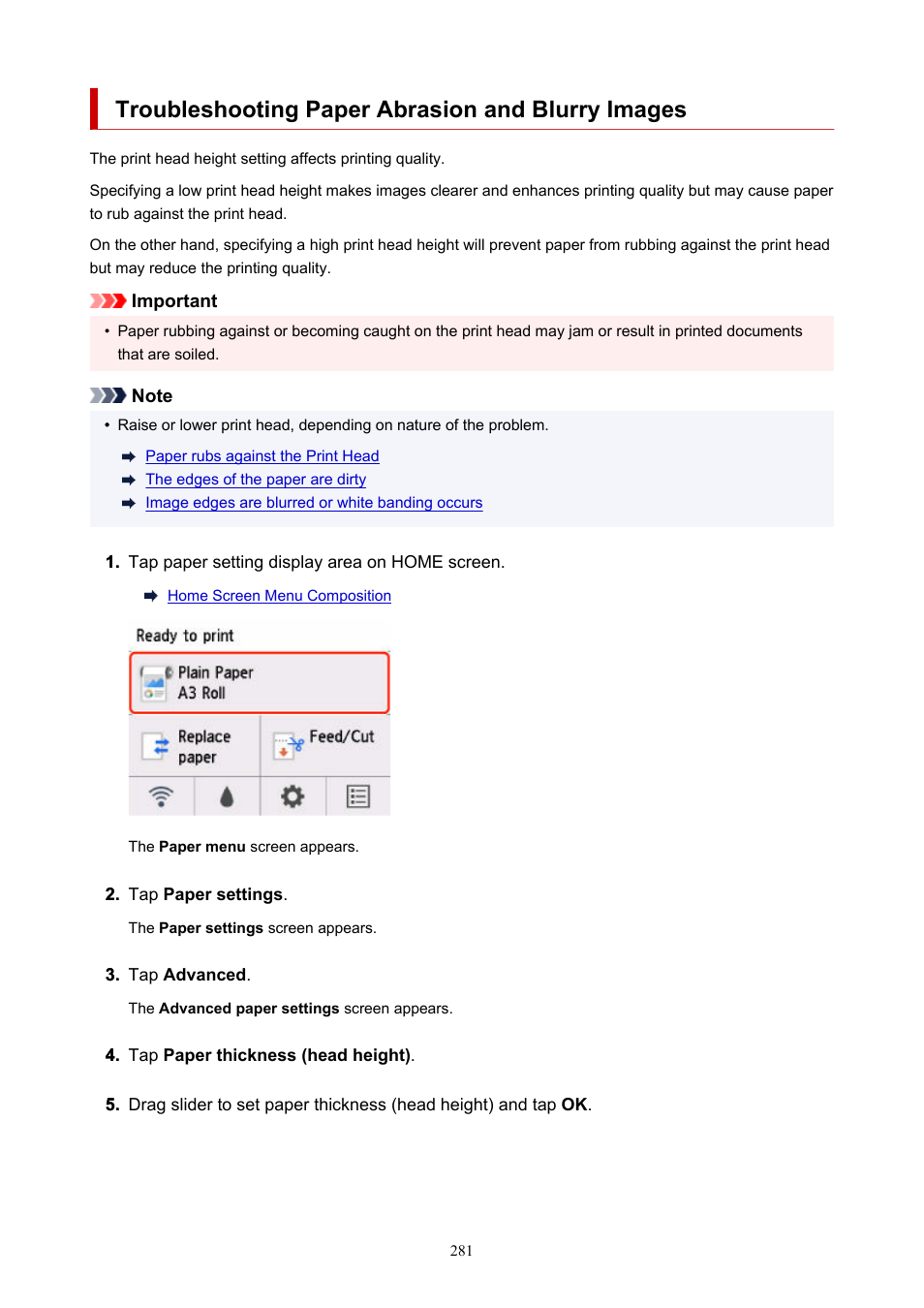 Troubleshooting paper abrasion and blurry images | Canon imagePROGRAF GP-300 User Manual | Page 281 / 841