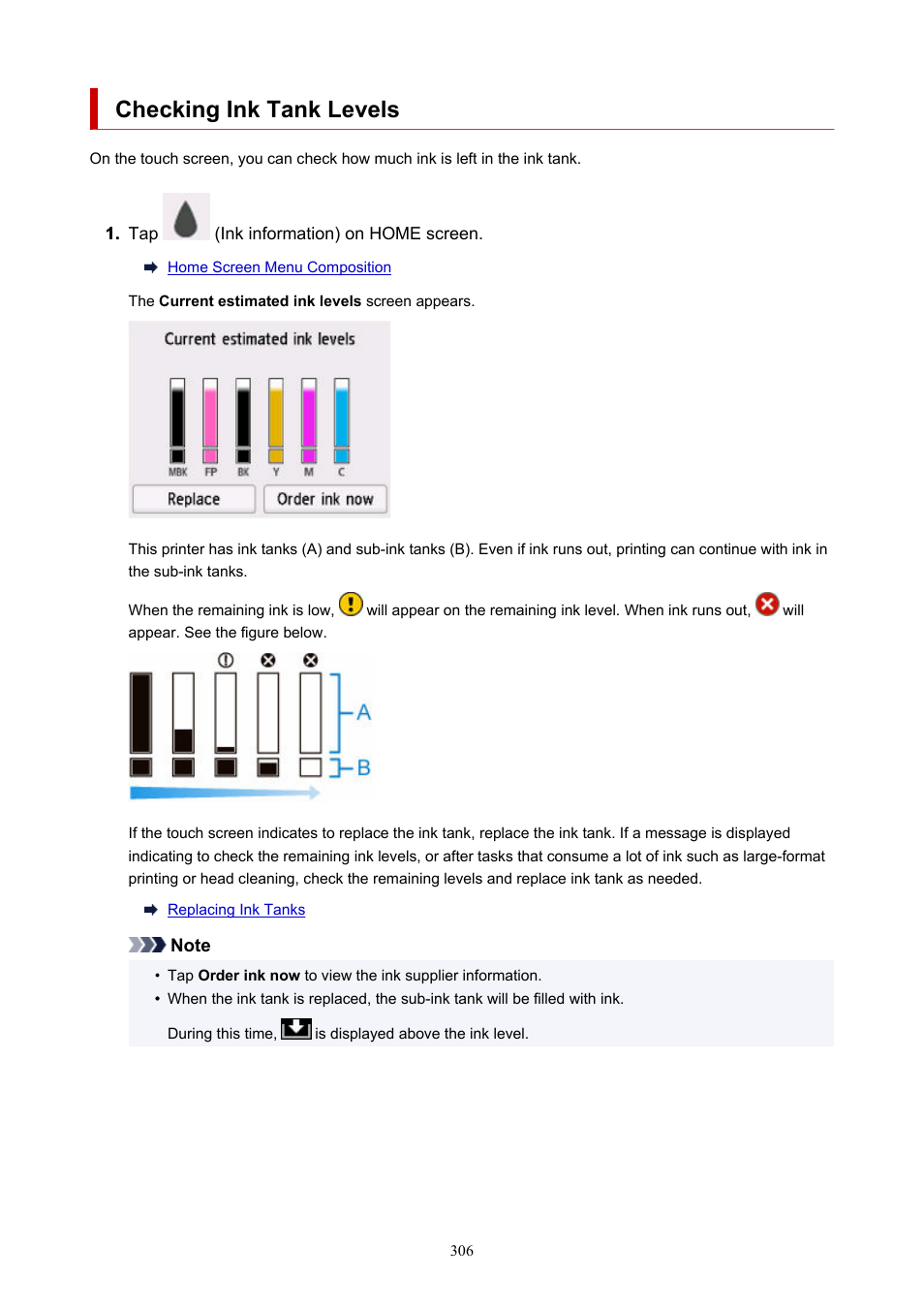 Checking ink tank levels | Canon imagePROGRAF GP-300 User Manual | Page 306 / 841