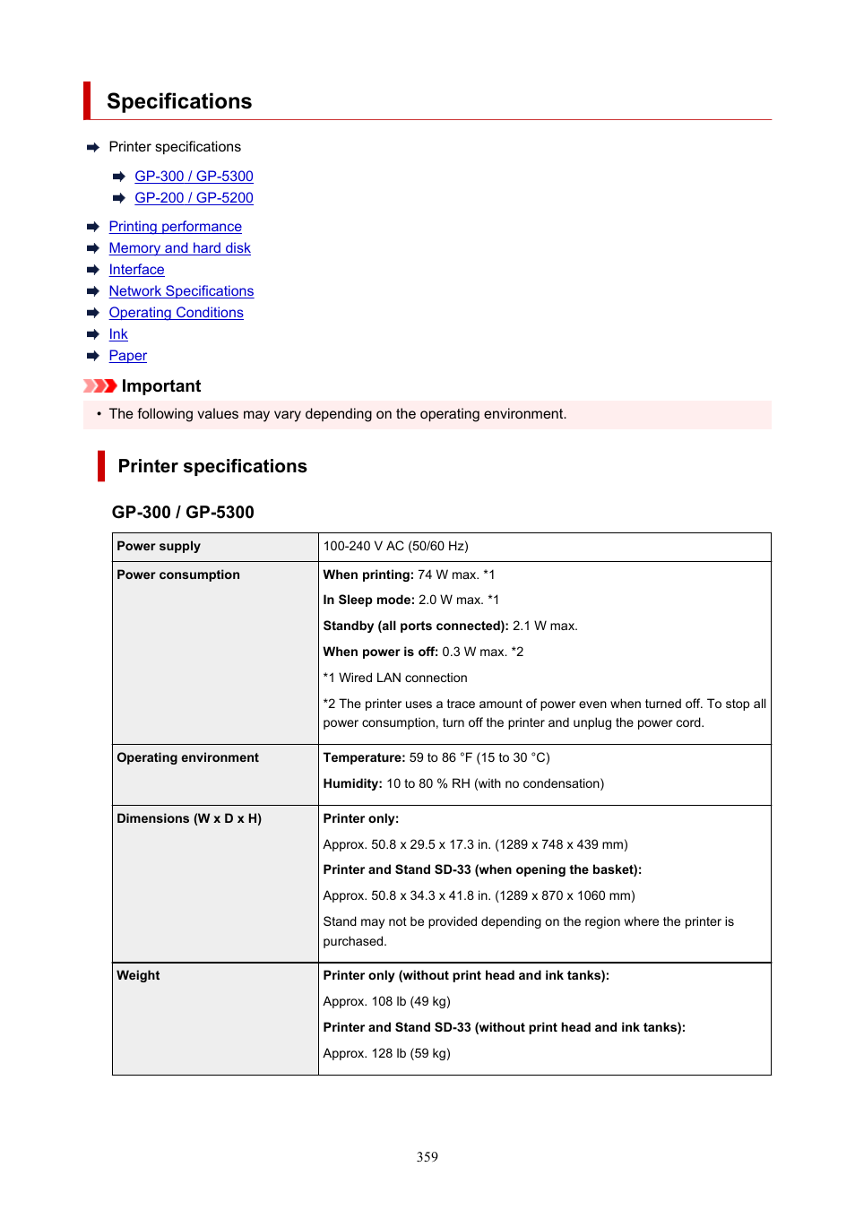 Specifications, Printer specifications, Important | Canon imagePROGRAF GP-300 User Manual | Page 359 / 841