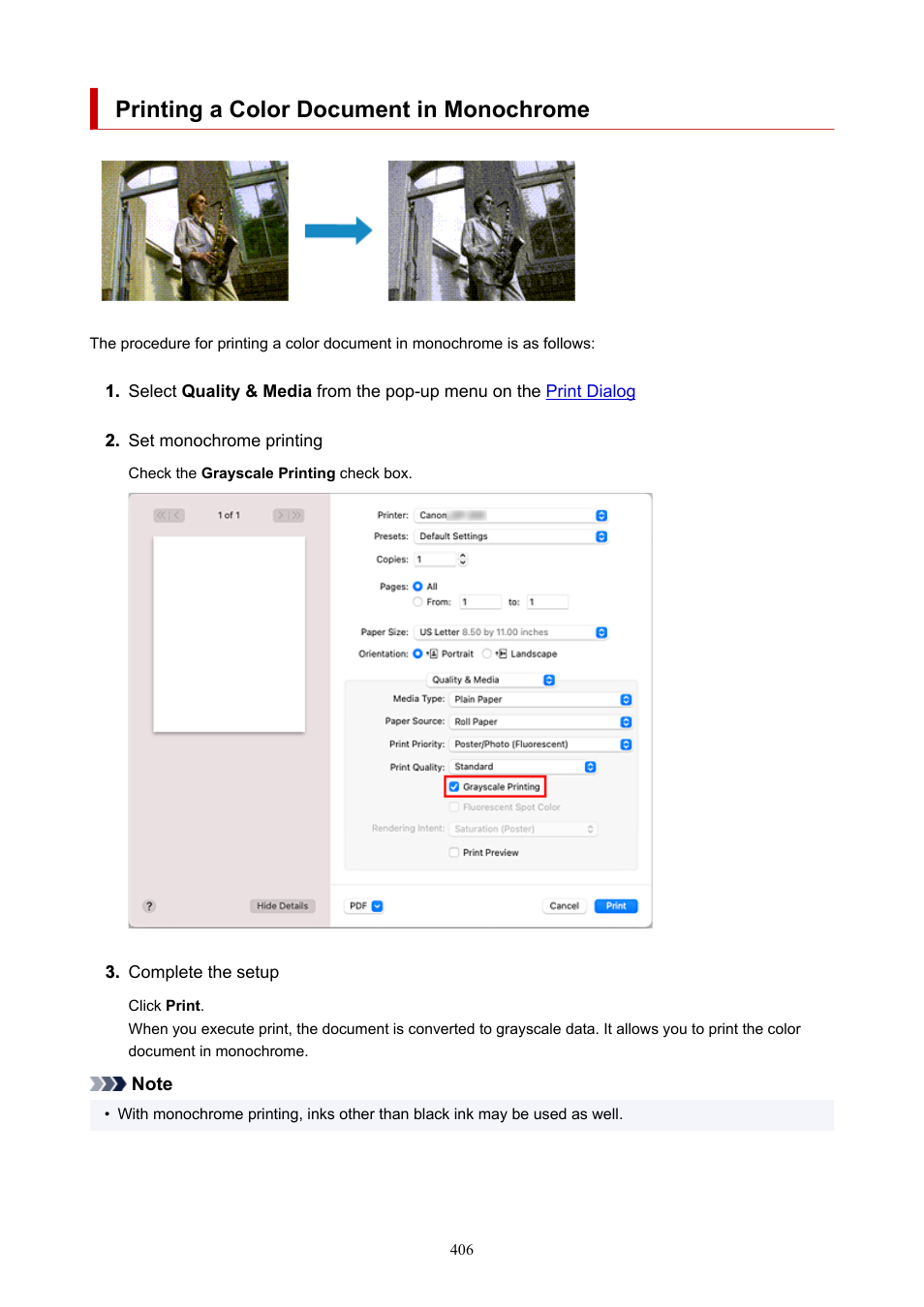 Printing a color document in monochrome | Canon imagePROGRAF GP-300 User Manual | Page 406 / 841