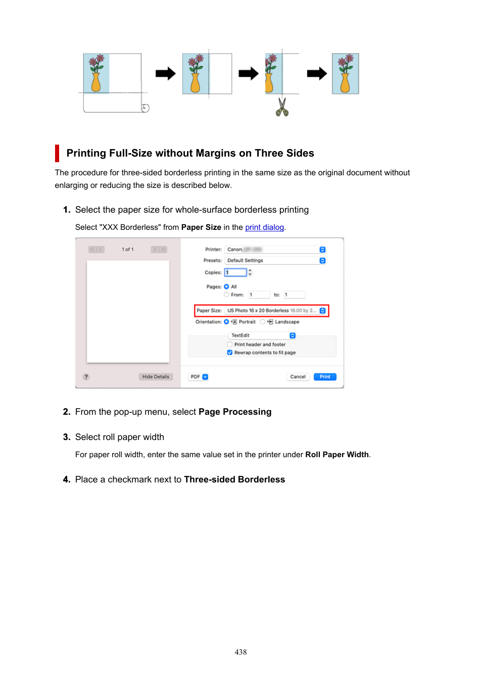 Printing full-size without margins on three sides | Canon imagePROGRAF GP-300 User Manual | Page 438 / 841