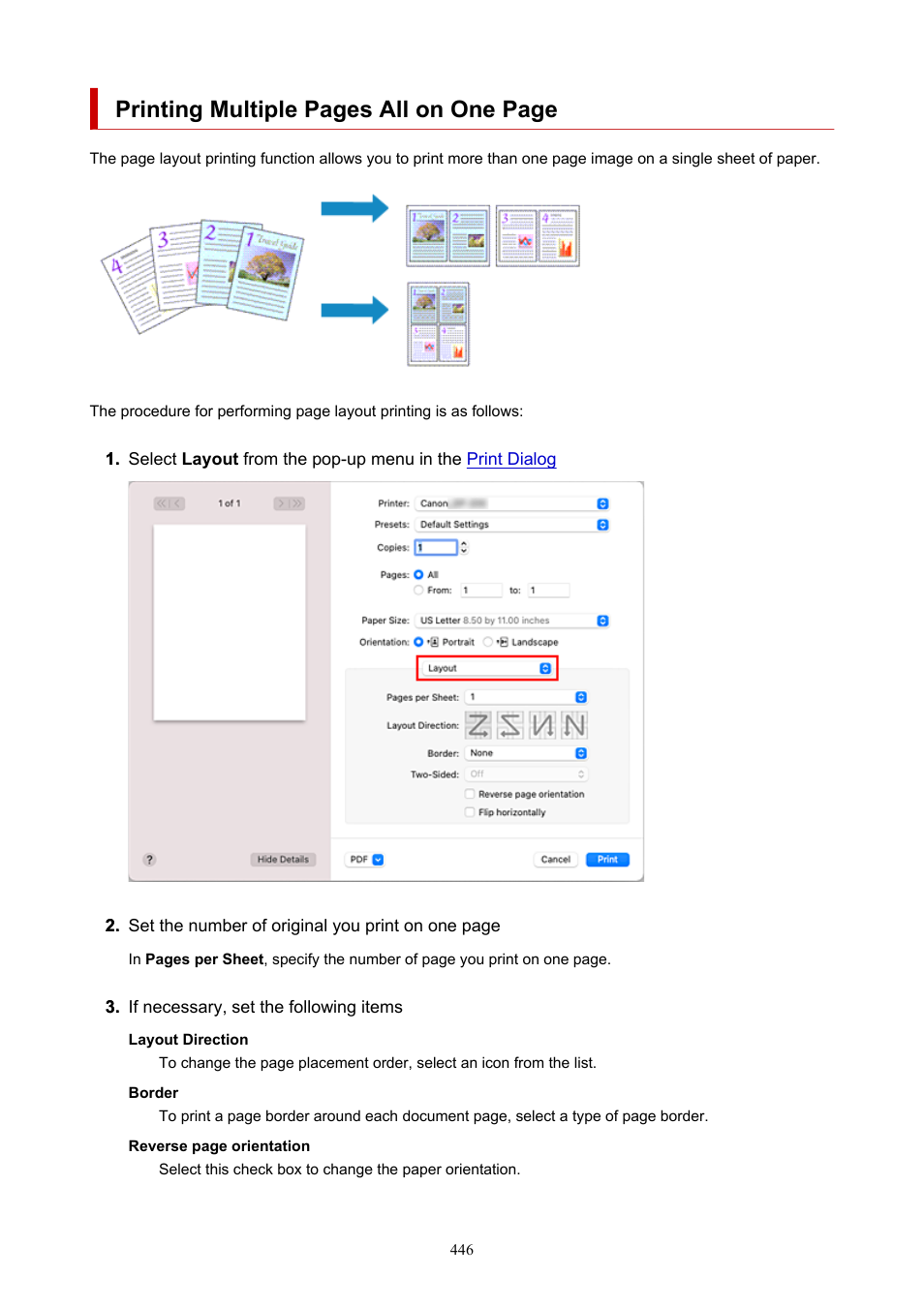 Printing multiple pages all on one page | Canon imagePROGRAF GP-300 User Manual | Page 446 / 841