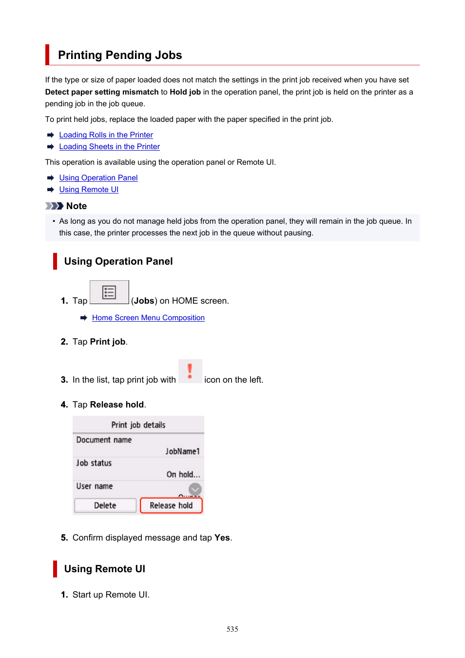 Printing pending jobs, Icon (pending print job), see | Canon imagePROGRAF GP-300 User Manual | Page 535 / 841