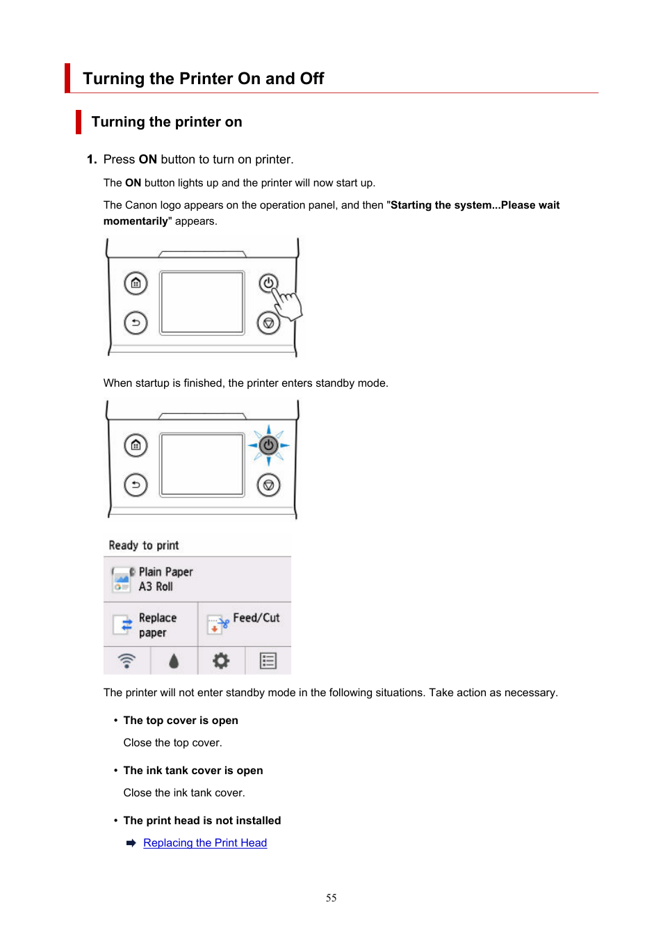 Turning the printer on and off, Turning the printer on | Canon imagePROGRAF GP-300 User Manual | Page 55 / 841