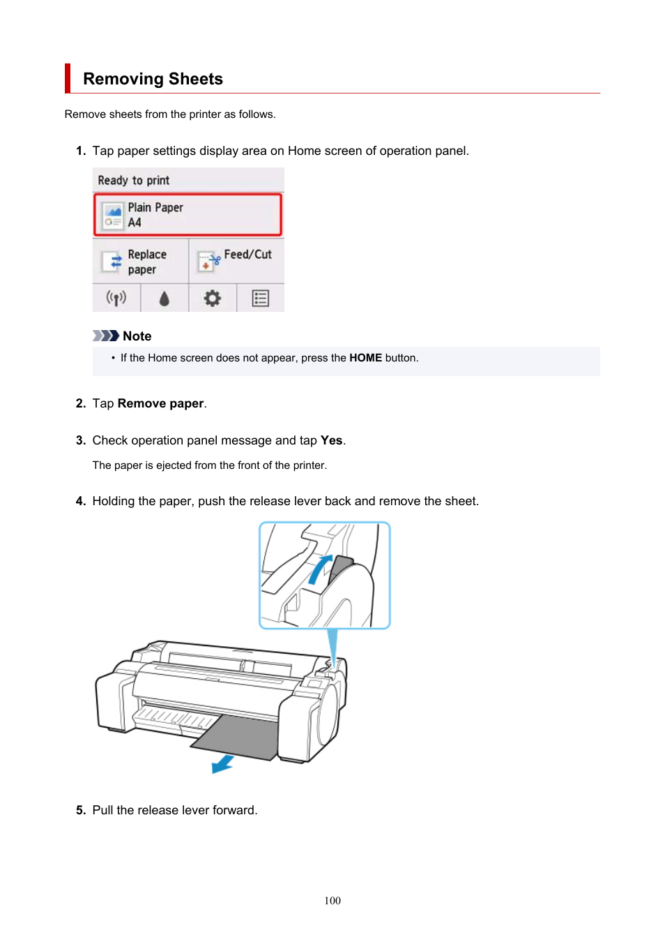 Removing sheets | Canon imagePROGRAF TM-300 36" Large-Format Inkjet Printer with L36ei Scanner Kit User Manual | Page 100 / 947