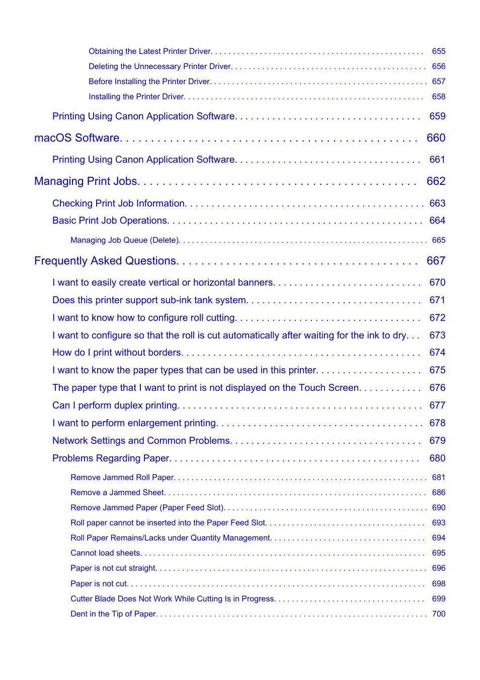 Macos software, Managing print jobs, Frequently asked questions | Canon imagePROGRAF TM-300 36" Large-Format Inkjet Printer with L36ei Scanner Kit User Manual | Page 11 / 947