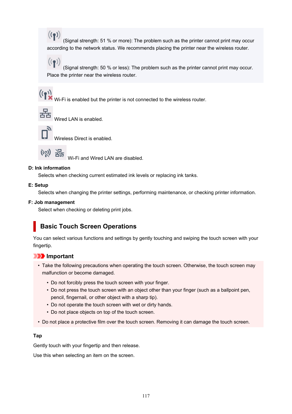 Basic touch screen operations | Canon imagePROGRAF TM-300 36" Large-Format Inkjet Printer with L36ei Scanner Kit User Manual | Page 117 / 947