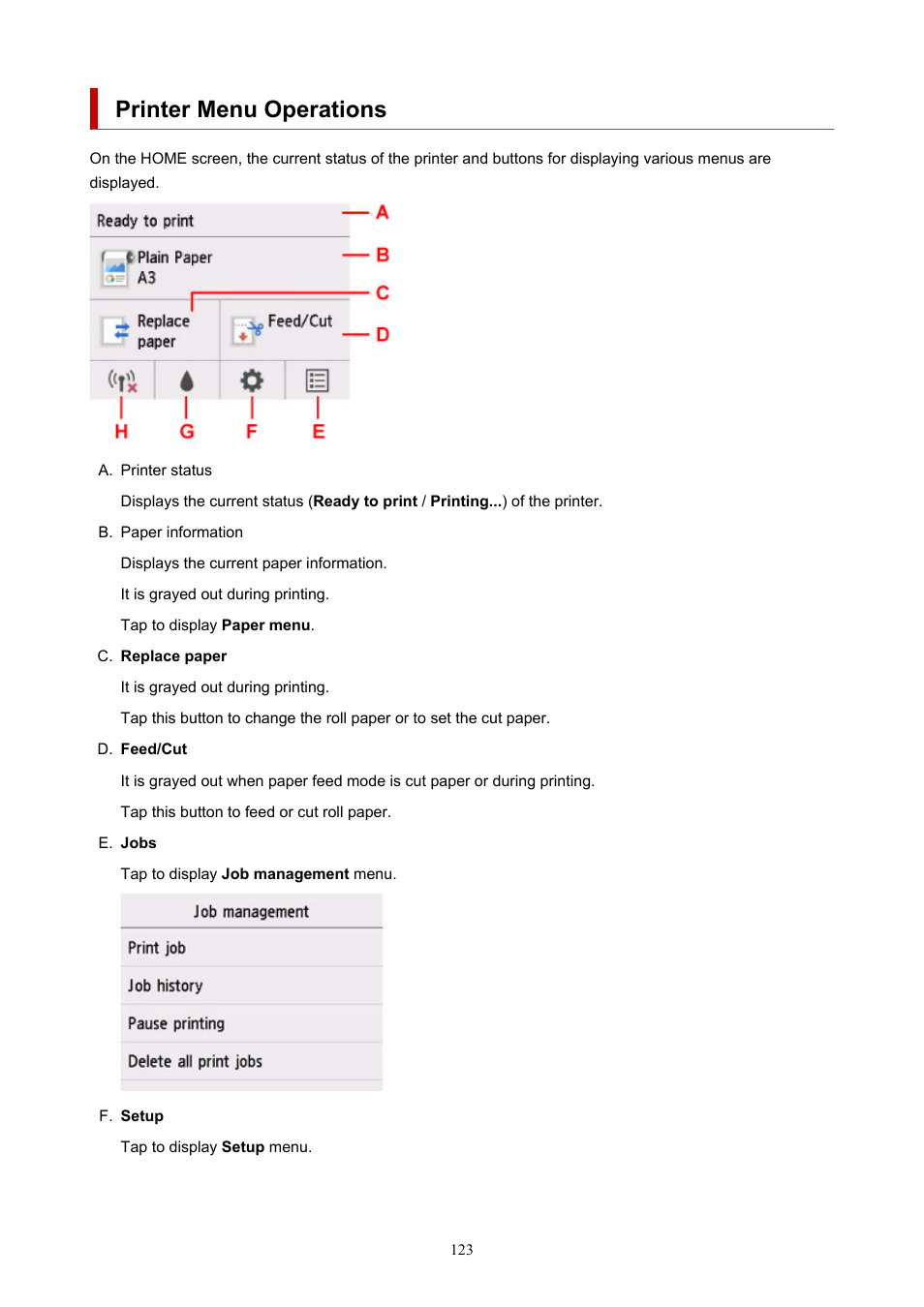 Printer menu operations | Canon imagePROGRAF TM-300 36" Large-Format Inkjet Printer with L36ei Scanner Kit User Manual | Page 123 / 947