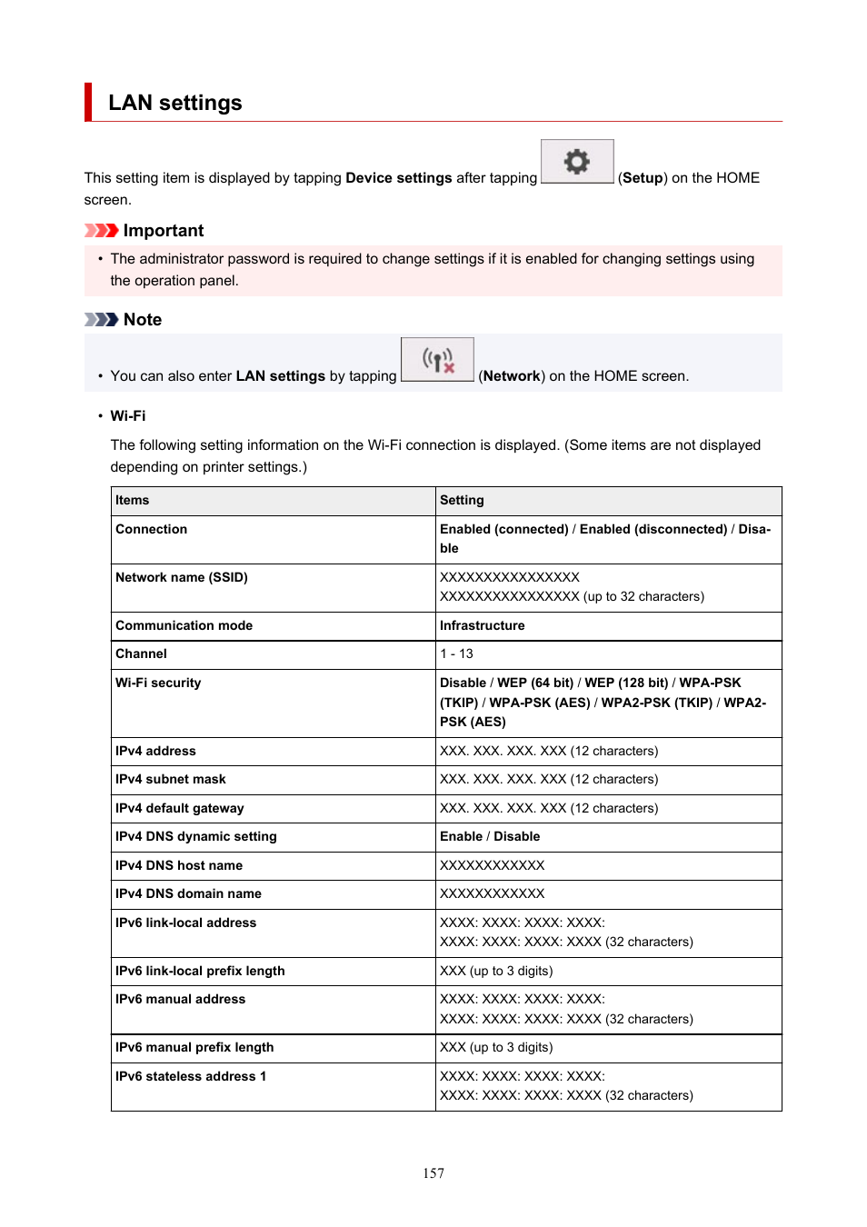 Lan settings, Important | Canon imagePROGRAF TM-300 36" Large-Format Inkjet Printer with L36ei Scanner Kit User Manual | Page 157 / 947