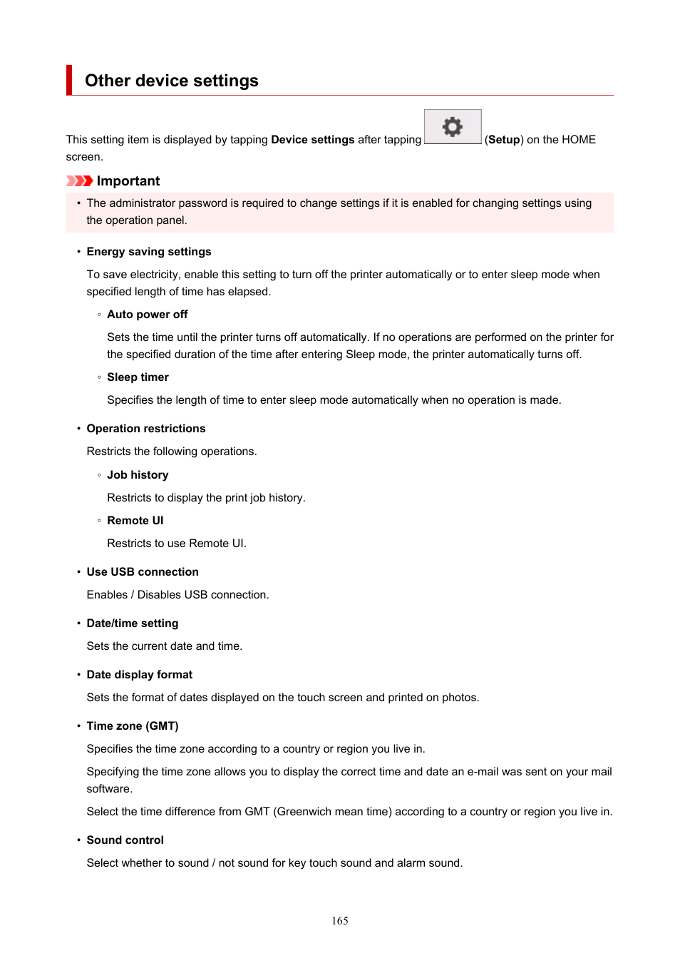 Other device settings | Canon imagePROGRAF TM-300 36" Large-Format Inkjet Printer with L36ei Scanner Kit User Manual | Page 165 / 947