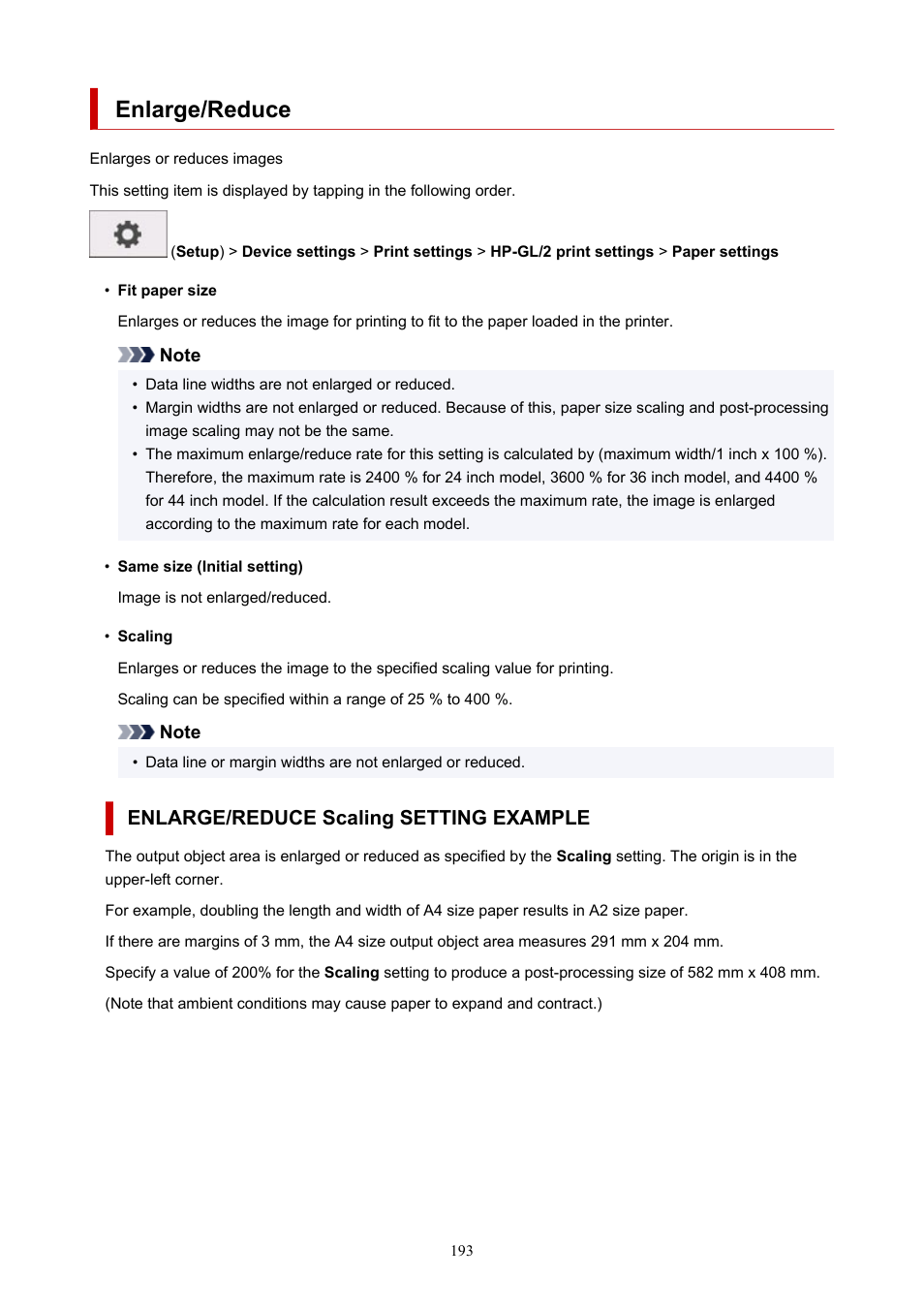 Enlarge/reduce, Enlarge/reduce scaling setting example | Canon imagePROGRAF TM-300 36" Large-Format Inkjet Printer with L36ei Scanner Kit User Manual | Page 193 / 947