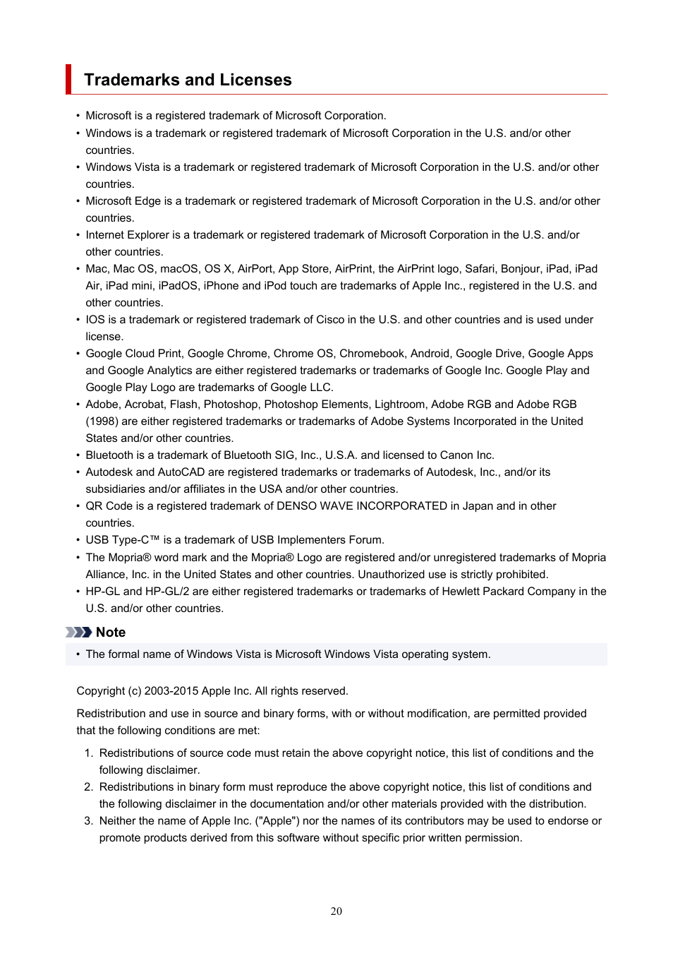Trademarks and licenses | Canon imagePROGRAF TM-300 36" Large-Format Inkjet Printer with L36ei Scanner Kit User Manual | Page 20 / 947