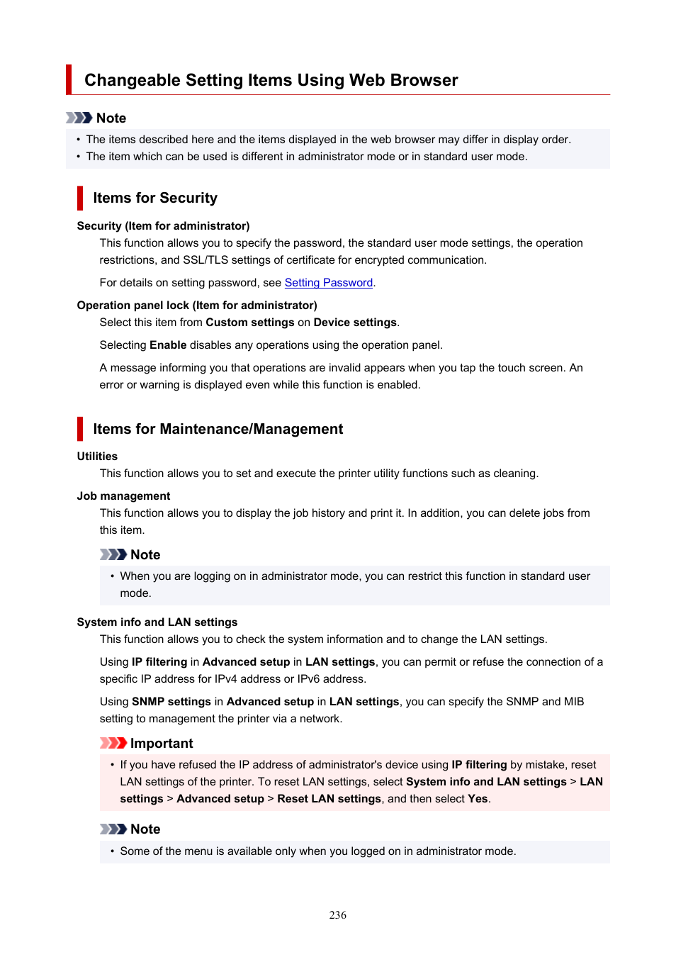 Changeable setting items using web browser, Items for security, Items for maintenance/management | Canon imagePROGRAF TM-300 36" Large-Format Inkjet Printer with L36ei Scanner Kit User Manual | Page 236 / 947