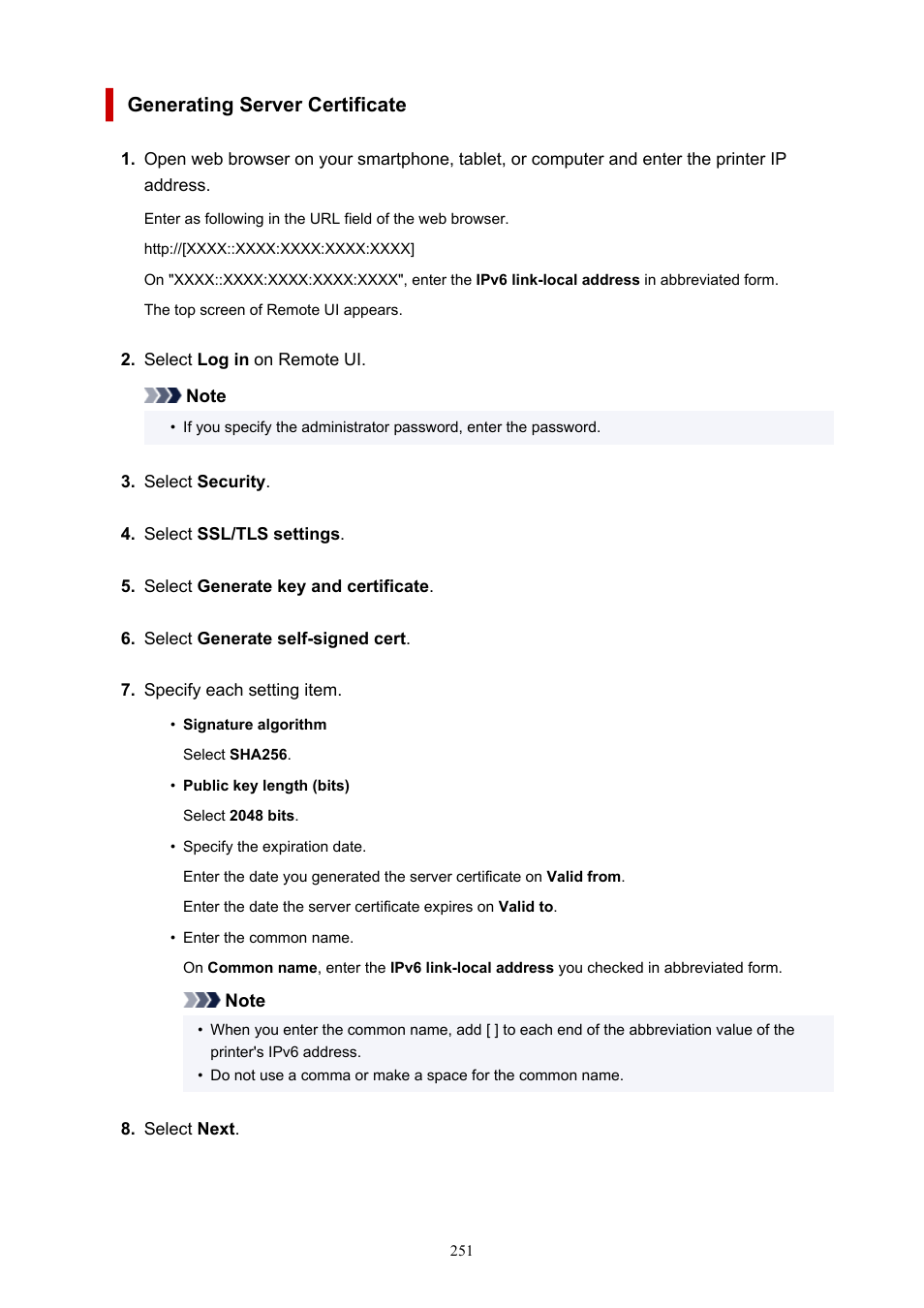 Generating server certificate | Canon imagePROGRAF TM-300 36" Large-Format Inkjet Printer with L36ei Scanner Kit User Manual | Page 251 / 947