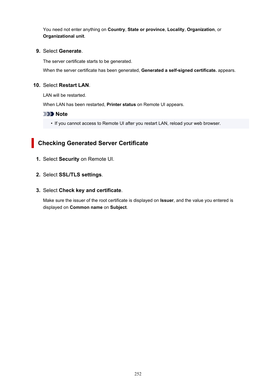 Checking generated server certificate | Canon imagePROGRAF TM-300 36" Large-Format Inkjet Printer with L36ei Scanner Kit User Manual | Page 252 / 947