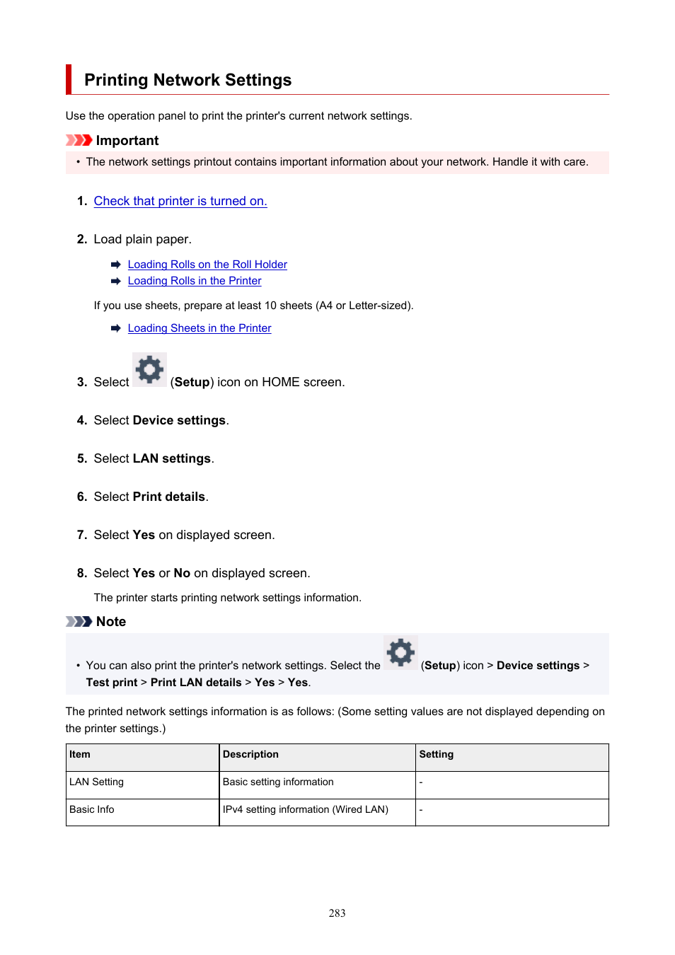 Printing network settings | Canon imagePROGRAF TM-300 36" Large-Format Inkjet Printer with L36ei Scanner Kit User Manual | Page 283 / 947