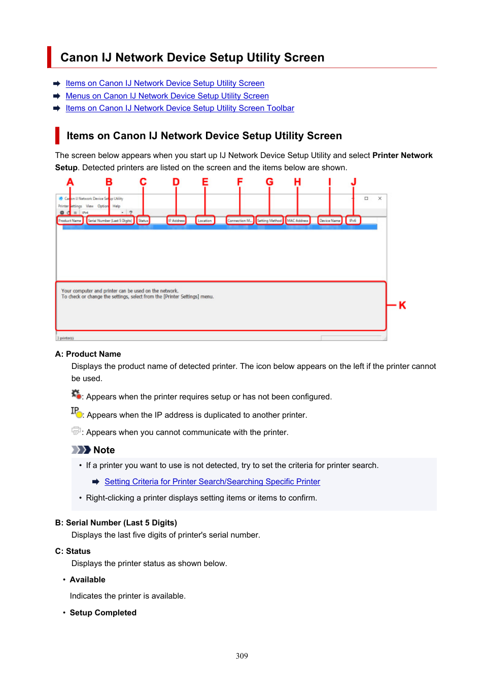 Canon ij network device setup utility screen | Canon imagePROGRAF TM-300 36" Large-Format Inkjet Printer with L36ei Scanner Kit User Manual | Page 309 / 947