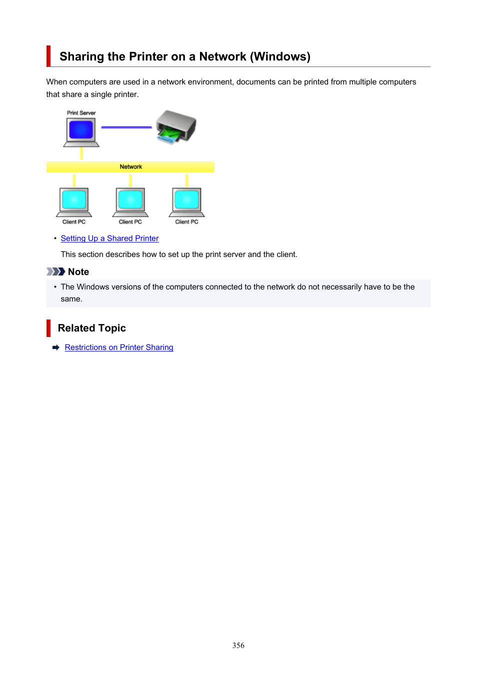 Sharing the printer on a network (windows) | Canon imagePROGRAF TM-300 36" Large-Format Inkjet Printer with L36ei Scanner Kit User Manual | Page 356 / 947