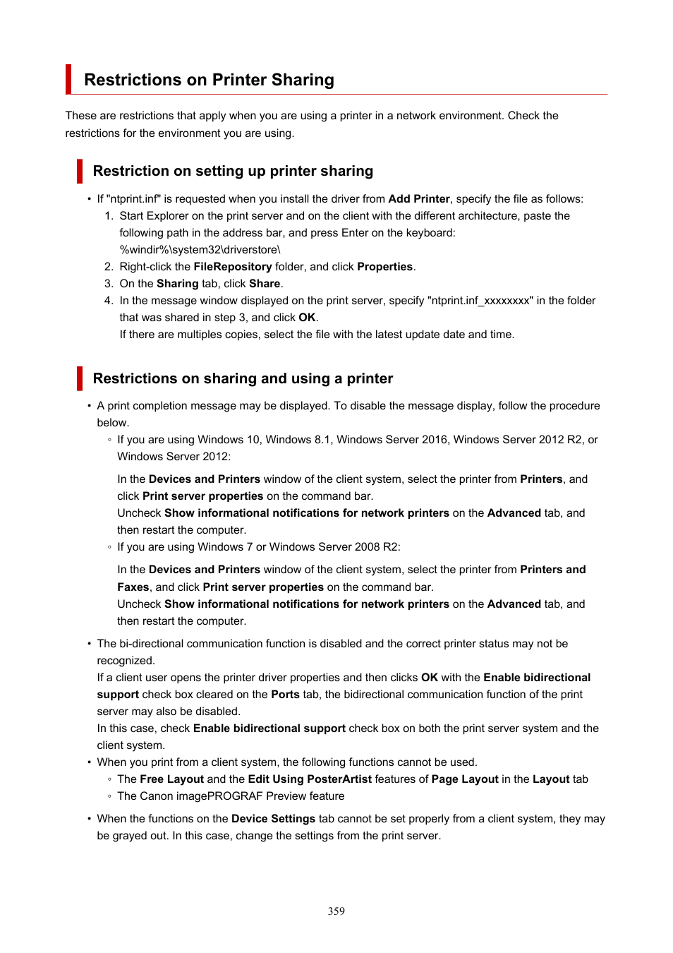 Restrictions on printer sharing, Restriction on setting up printer sharing, Restrictions on sharing and using a printer | Canon imagePROGRAF TM-300 36" Large-Format Inkjet Printer with L36ei Scanner Kit User Manual | Page 359 / 947