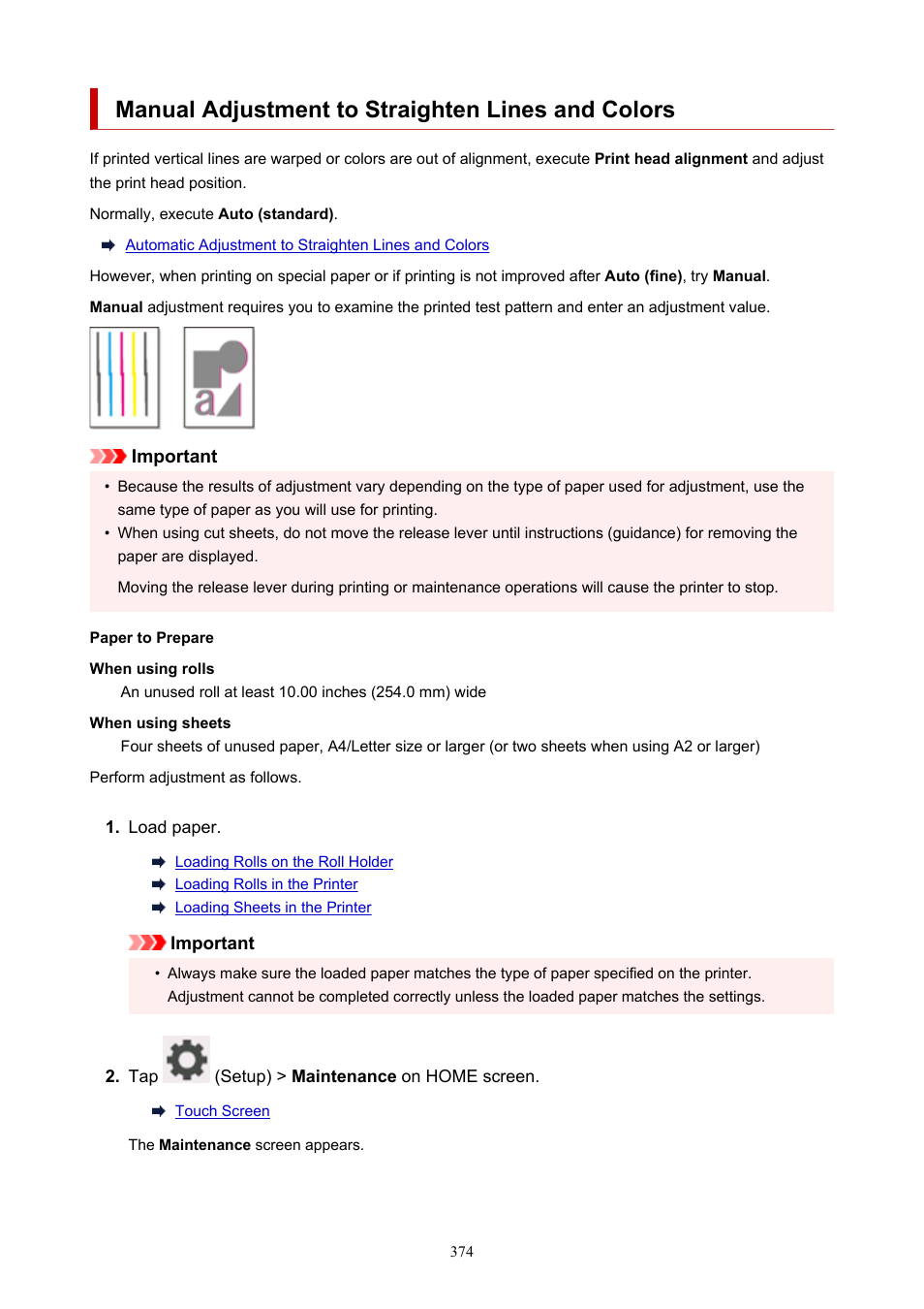 Manual adjustment to straighten lines and colors | Canon imagePROGRAF TM-300 36" Large-Format Inkjet Printer with L36ei Scanner Kit User Manual | Page 374 / 947