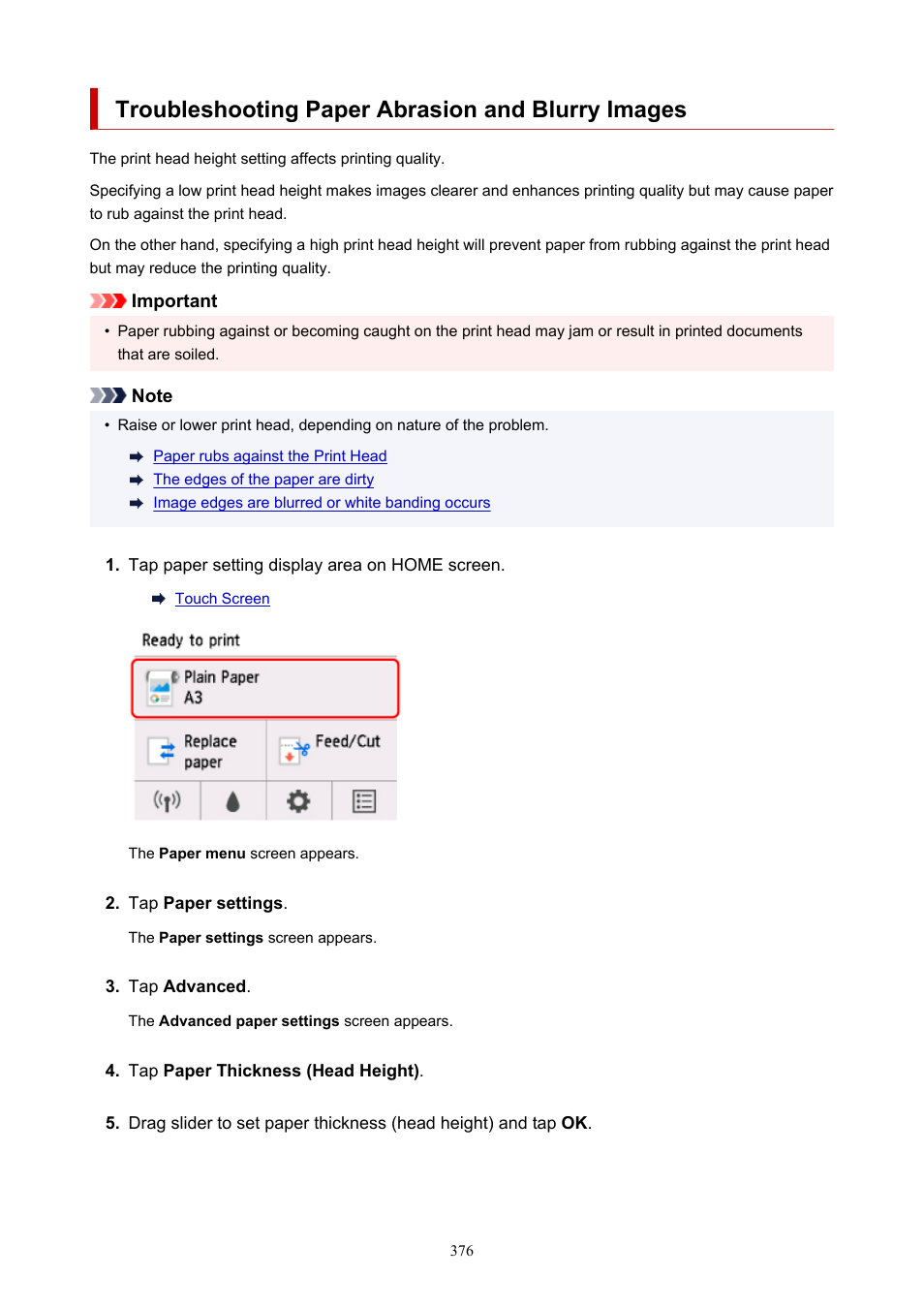 Troubleshooting paper abrasion and blurry images | Canon imagePROGRAF TM-300 36" Large-Format Inkjet Printer with L36ei Scanner Kit User Manual | Page 376 / 947