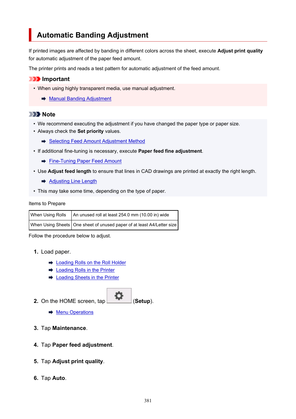 Automatic banding adjustment | Canon imagePROGRAF TM-300 36" Large-Format Inkjet Printer with L36ei Scanner Kit User Manual | Page 381 / 947