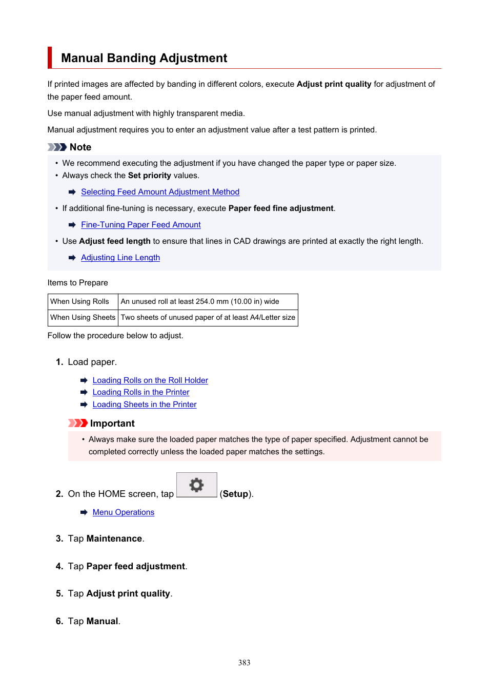 Manual banding adjustment | Canon imagePROGRAF TM-300 36" Large-Format Inkjet Printer with L36ei Scanner Kit User Manual | Page 383 / 947